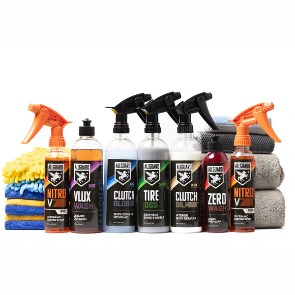 A kit lineup with 7 sprays and soaps and other care detailing products